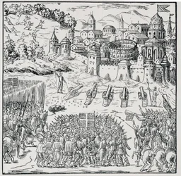 Guerra de Religiones: La ciudad de Nîmes sitiada por el Ejército del Rey (Enrique III) en 1576 - en Colección de 39 figuras que representan las calamidades de Francia de 1562 a 1586, Louis Perrin imprimerie
