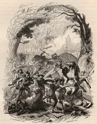 Guerra de las Galias: Batalla de Aduatuca entre el pueblo belga de los eburones y el ejército romano. Derrota de Quintus Titurius Sabinus y Lucius Aurunculeius Cotta en 54 a.C. Grabado de 1868 en “Histoire de Belgique desde tiempos primitivos hasta el fina