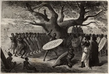 Ejercicios guerreros de los Landines o cafres-zulus, en Sena (región del río Zambeze, Mozambique). Grabado para ilustrar los primeros viajes del Dr. Livingstone al sur de África de 1840 a 1856, en 
