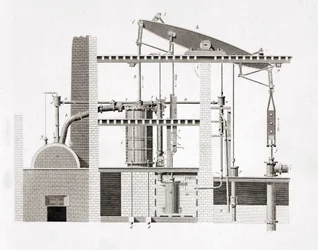 Máquina de vapor de Watt. Esquema. Grabado del siglo XIX