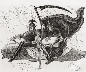"Nosotros Dos", El Señor de la Guerra y su aliado: Un comandante alemán y un esqueleto, o la muerte, sentado encima de un Zeppelin.