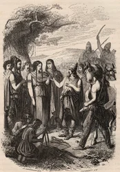 Ceremonia de boda en los germanos. Grabado de 1868 en "Historia de Bélgica desde los tiempos primitivos hasta el final del reinado de Leopoldo I" por Théodore Juste (1818-1888). Colección privada.