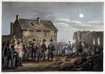 Wellington y Blucher encontrándose incidentalmente en Waterloo - en “Anecdotas e incidentes históricos, militares y navales que ocurrieron en los ejércitos de Bretaña y sus aliados, terminando en Waterloo” por Edward Orme, ilustrado por Atkinson, Londres