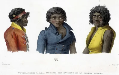 Salvaje cerca del río Nepean, Port Jackson, Nueva Holanda. Grabado de principios del siglo XIX