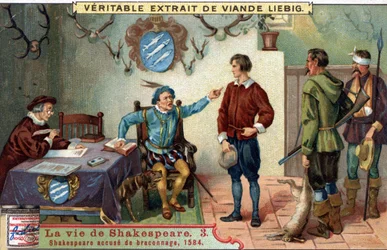 William SHAKESPEARE (1564-1616) acusado de caza furtiva en 1584. Cromo liebig de finales del siglo XIX.