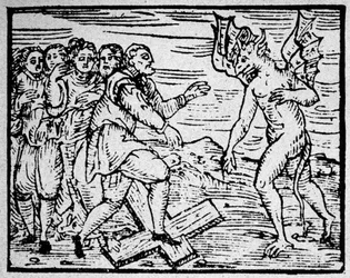 Brujería: el diablo y los hombres caminando sobre la cruz católica - grabado