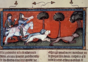 Caza del lobo. Miniatura del manuscrito fr. 1297 "libro del Rey Modus y la Reina Ratio" de Henri de Ferrières (siglo XIV)