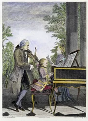 Wolfgang Amadeus Mozart niño al piano, rodeado de su padre Leopold al violín y de su hermana Marianne cantando - grabado