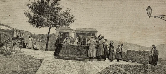 Mujeres y niños en la fuente de Piana dei Greci, Italia, grabado a partir de una fotografía de E Interguglielmi de L