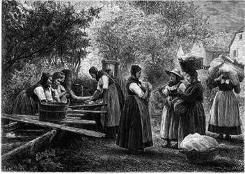 Mujeres lavando ropa en Alsacia. Grabado en el ilustre diario “La juventud”