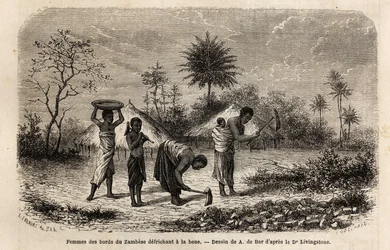 Mujeres de las orillas del Zambeze desbrozando con una azada e introduciendo a los niños en el trabajo agrícola. Grabado para ilustrar los primeros viajes del Dr. Livingstone al sur de África de 1840 a 1856, en 