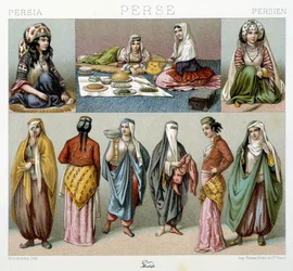 Comida de mujeres y trajes femeninos en Persia - en “Le costume historique” de Racinet