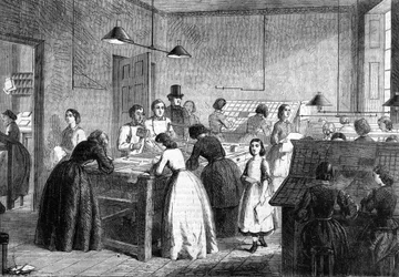 Taller de mujeres tipógrafas en París en 1865