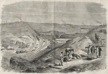 Trabajos en el canal de Suez 1864 - Sitio de construcción y trabajos de perforación en el Canal de Suez en 1864 (Chaluf Tranchee)