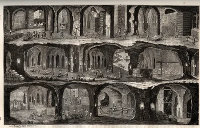 Trabajando en la mina de sal de Wieliczka - ciudad minera en Polonia - Vista de los trabajos subterráneos en las minas de sal de Wieliska, en Galitzia - grabado en 