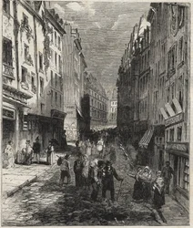 Obras en la rue de la Montagne Sainte-Genevieve en el 5º distrito de París en 1858.