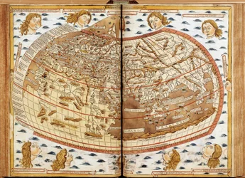 Mapa mundial de Claudio Ptolomeo. Las cabezas humanas soplando aire representan los diferentes vientos (cuyos nombres están indicados). En “Geographia Latina. Beatissimo Patri Paulo Secundo Pontifici Maximo. Donis Nicolaus”. Manuscrito de geografía dedicad