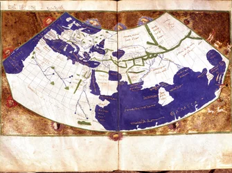 Mapa mundial de Claudio Ptolomeo (90-168 d.C.), astrónomo y astrólogo griego - Representación de la Tierra plana sin los polos Norte y Sur y sin el continente americano - Manuscrito del siglo XV