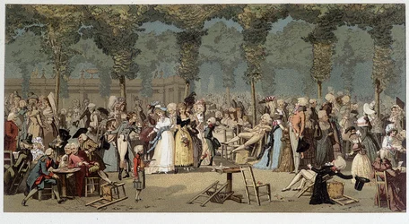Paseo mundial por los jardines del Palacio Real, finales del siglo XVIII - cromo después del grabado de Debucourt