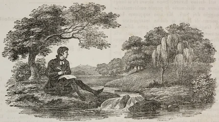 Escritor bajo un árbol frente a un arroyo, ilustración de Teatro universale, Raccolta enciclopedica e scenografica, nº 575, 19 de julio.