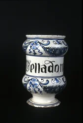Bote de farmacia del siglo XVI que contiene Belladona, hierba tóxica usada en farmacia. Museo de Ciencia y Tecnología, Milán