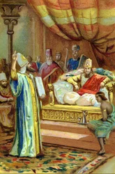 Zaratustra, profeta y reformador religioso iraní (siglo VI a.C.) en la corte del Rey de Bactres. Cromolitografía del siglo XIX.