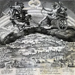 Signo zodiacal Cáncer. Luna, representación del carro de Semelee. Grabado del siglo XIX.