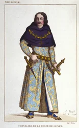 Traje de Caballero de la Cosse de Genet posterior al año 1365. Grabado de 1830