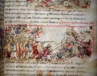 Derrota de los cruzados en 1396 - en las «Croniche del Sercambi», hacia 1400. Archivo Nacional, Lucca.