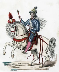 Retrato ecuestre del Rey de Francia Enrique IV en 1596 (1553-1610) en “Los trajes civiles y militares de los franceses a través de los siglos”. París F. Roy 1882.
