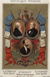 Retratos de Lazare Carnot, político francés (1753-1823), Hyppolite Carnot (1801-1888) y Sadi Carnot, presidente de la república francesa