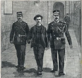El anarquista italiano Luigi Luccheni (Lucheni), asesino de la emperatriz Isabel de Austria (Sissi), llevado ante el tribunal de justicia en 1898.