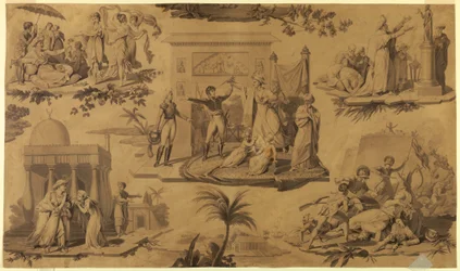 Dibujo, Caricatura para textil de algodón estampado: Los franceses en Egipto [Les Francais en Egypte], ca. 1815