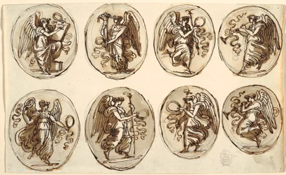 Dibujo, Diseño del techo, Historia, Abundancia en seis óvalos, Sala de Hércules y Hebe, Palacio Gessi, Faenza, 1813