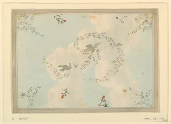 Dibujo, Diseño de techo con palomas y guirnaldas de flores, posiblemente para el vestíbulo de entrada, 1815-22
