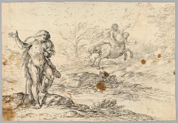 Dibujo, Centauro salvando a doncella de una criatura a garrotazos, siglos XVI-XIX