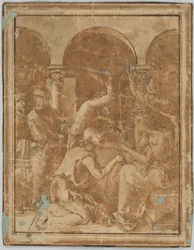 Dibujo, copia de la Coronación de espinas de la Pequeña Pasión de Albrecht Dürer, publicada en 1511, 1525-1600