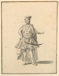 Dibujo, Diseño de vestuario: Príncipe persa, para una producción escénica diseñada por Giuseppe Galli Bibiena, 1719