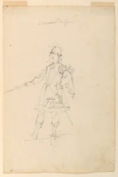 Dibujo, Diseño de vestuario: El Maestro de Armas para un Ballet, ca. 1720