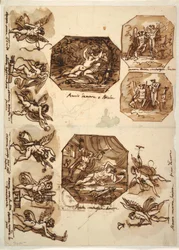 Dibujo, Cupido y Psique: Cuatro octógonos y ocho dibujos de Cupido, 1810-15