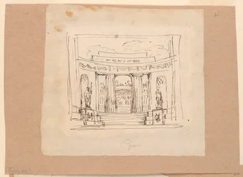 Dibujo, diseño de cortina, puerta curva Arquitectura antigua, principios del siglo XIX