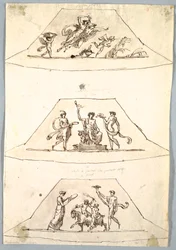 Dibujo, Proyecto decorativo: Tres trapecios con Flora y Zefiro, ca. 1815