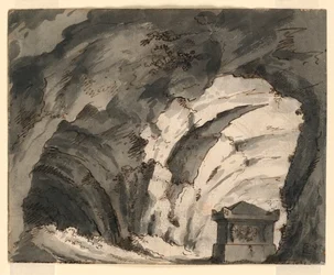 Dibujo, escenografía, tumba en una cueva, principios del siglo XIX