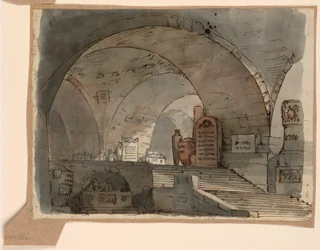 Dibujo, escenografía, espacio subterráneo abovedado con tumbas, principios del siglo XIX