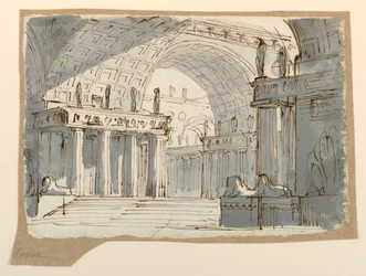 Dibujo, escenografía, edificio clásico abovedado, ca. 1800