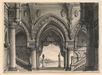 Dibujo, escenografía, vista desde el palacio de Venecia, 1832