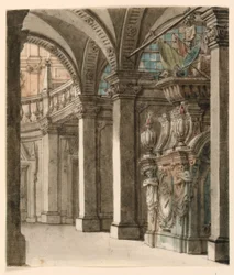 Dibujo, escenografía, vista del ábside, principios del siglo XVIII