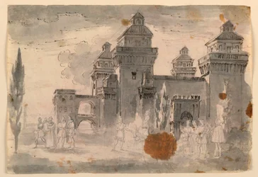 Dibujo, escenografía, vista del castillo, 1810-1820