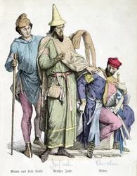 Trajes del siglo XI: El hombre con el bastón, el rico judío y el caballero. Grabado del siglo XIX