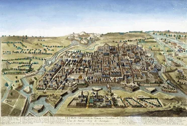 Grabado del siglo XVIII que representa la ciudad de Turín